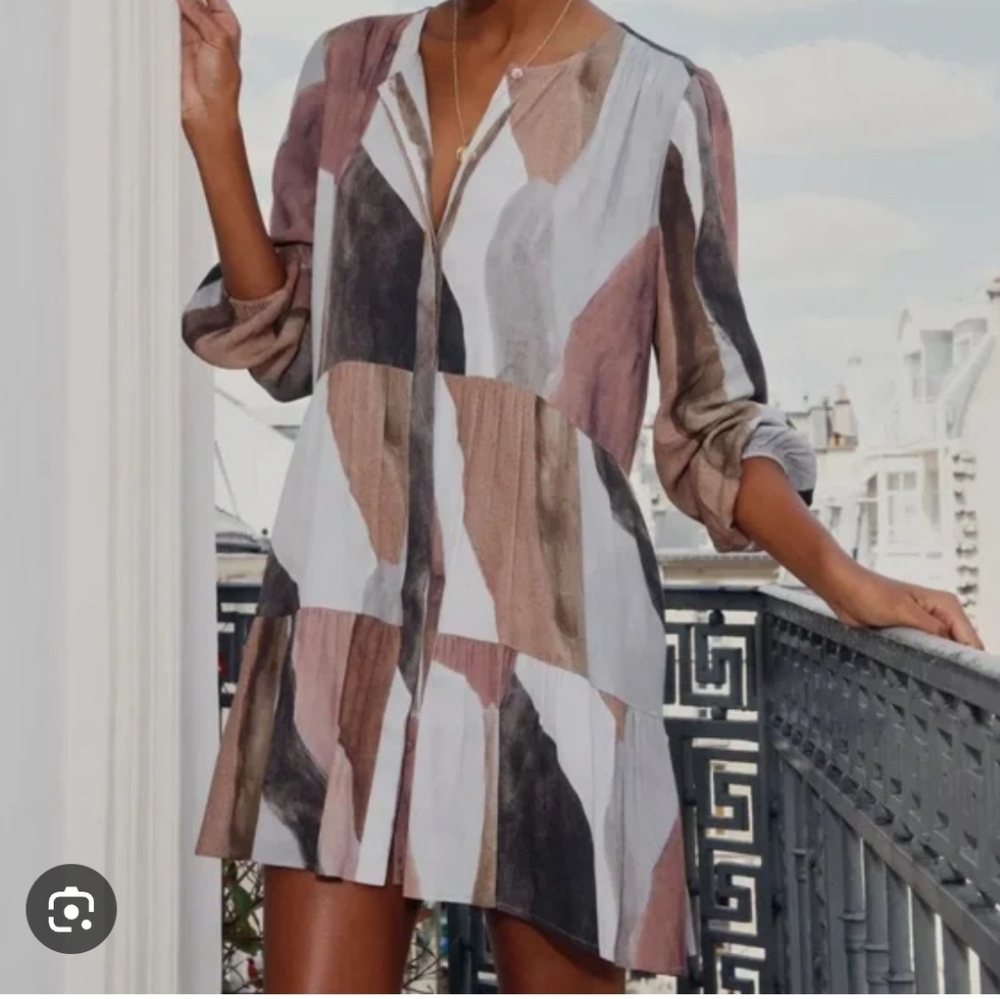 Aritzia Multicolor Abstract Tiered Mini Dress - White, Brown, Pink, Gray